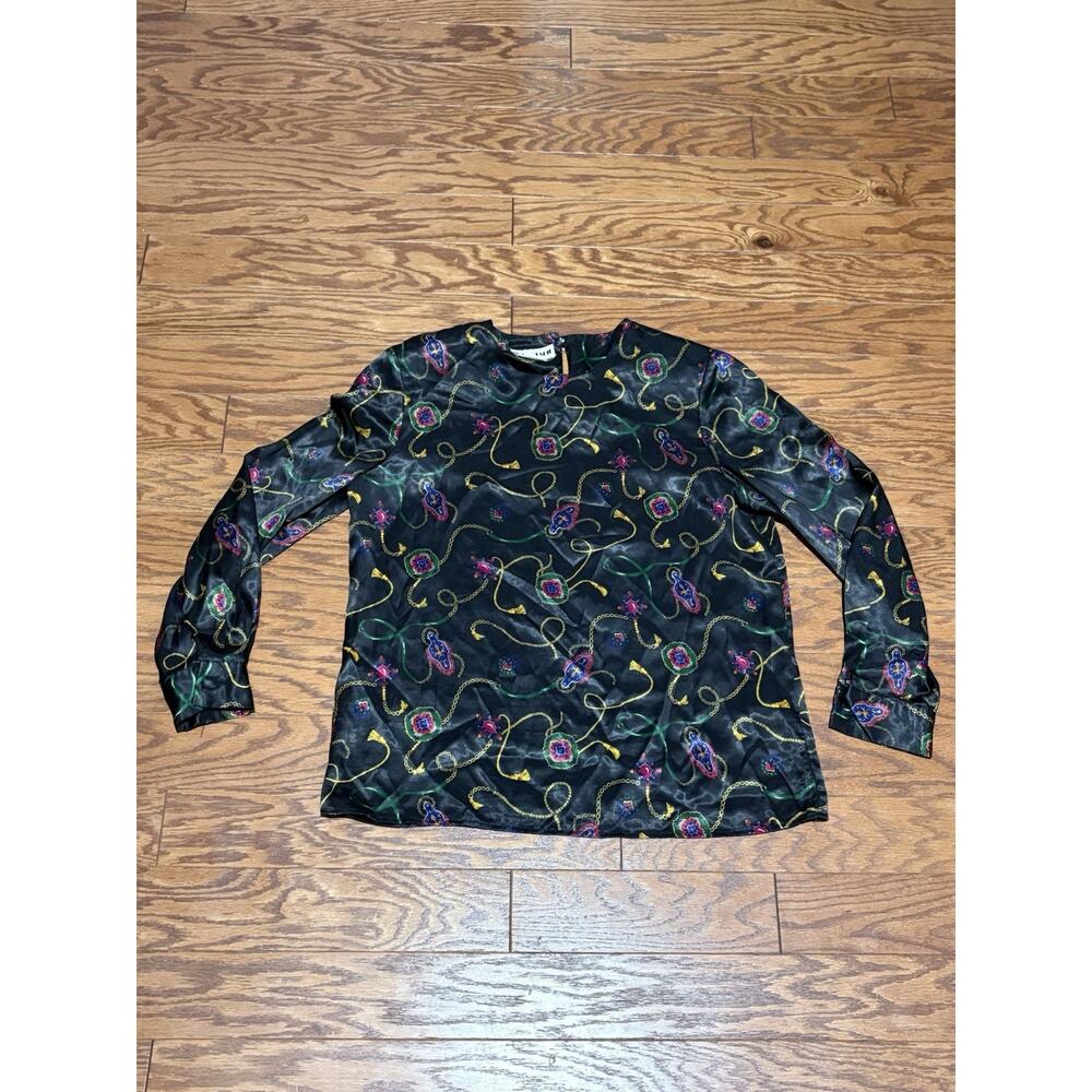 Vintage Joan Leslie Women's Black Colorful Pendant Long Sleeve Blouse Top, Sz 12